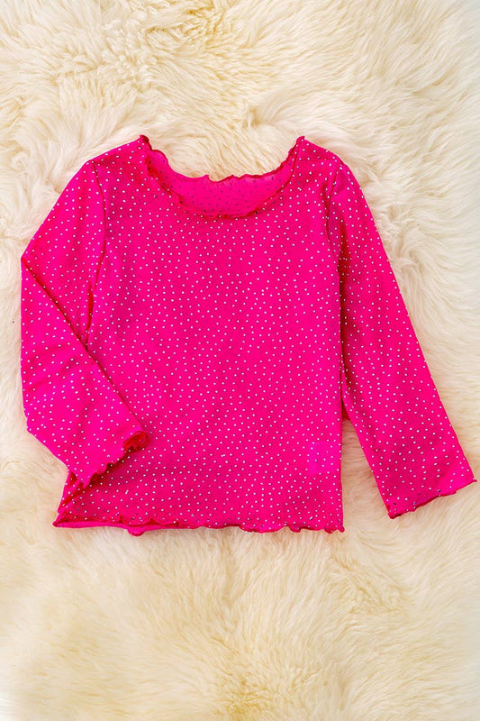 HOT PINK LONG SLEEVE MESH TOP WITH RHINESTONES